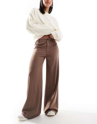 Pull & Bear Tailored Wide Leg Pants In Brown