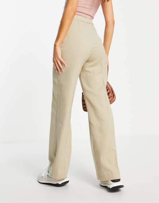 Pull Bear tailored wide leg pants with front seam in beige pinstripe ASOS