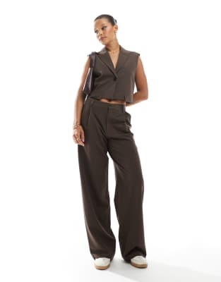 Pull&Bear tailored wide leg trouser co-ord in brown - view 1