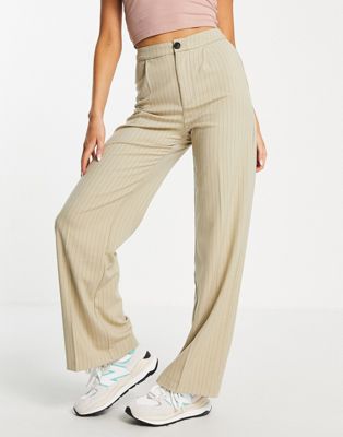 Pull&Bear tailored wide leg trousers with front seam in beige pinstripe
