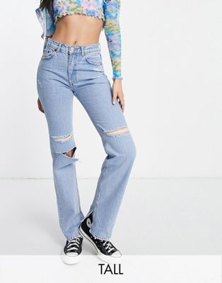 Pull&Bear Tall 90s high waist straight leg jean with rips and split hem in blue  - ASOS Price Checker