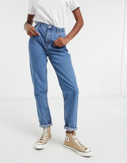 Pull&Bear Tall elasticated waist mom jean in blue | ASOS