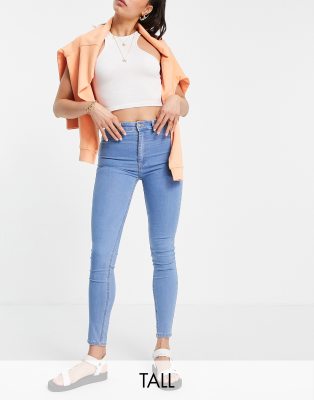 Pull & Bear Tall - Eng geschnittene Jeans mit hohem Bund in Mittelblau