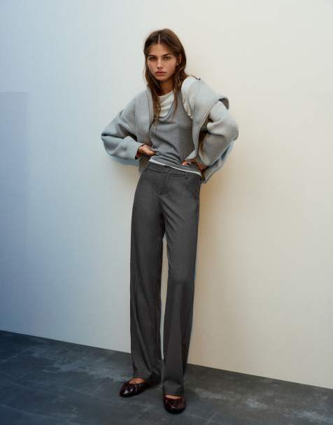 Pull&Bear Tall gerade geschnittene smarte Hose in Graumeliert - view 1