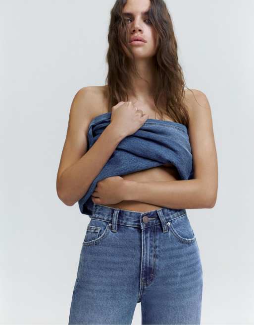 Pull&Bear Tall - Mom jeans a vita alta blu scuro, 3 di 7