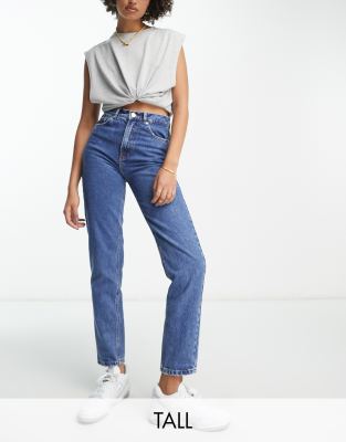 Pull & Bear Tall - Mom-Jeans in Mittelblau mit hohem Bund