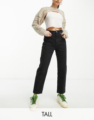 Pull & Bear Tall - Mom-Jeans in Schwarz mit hohem Bund-Black