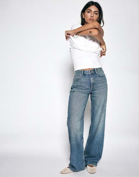 Pull&Bear Tall raka jeans med vida ben i grönblått - view 1