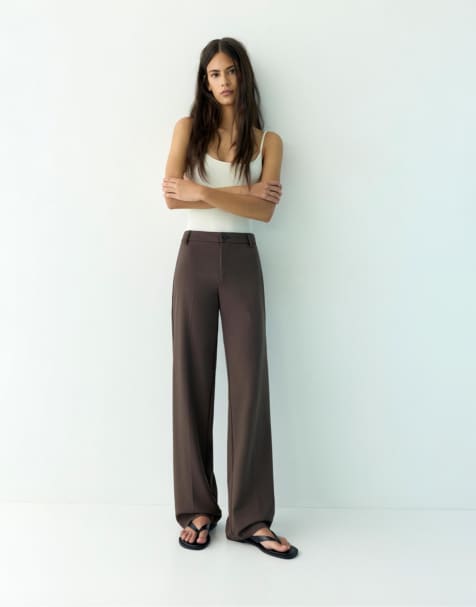 Pull&Bear Tall straight leg trousers in brown - view 1