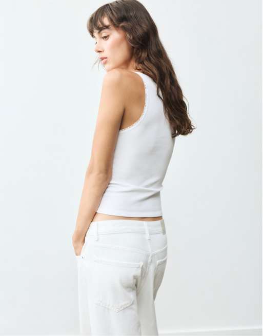 Pull&Bear tanktop med blondedetalje i hvid, 2 af 7