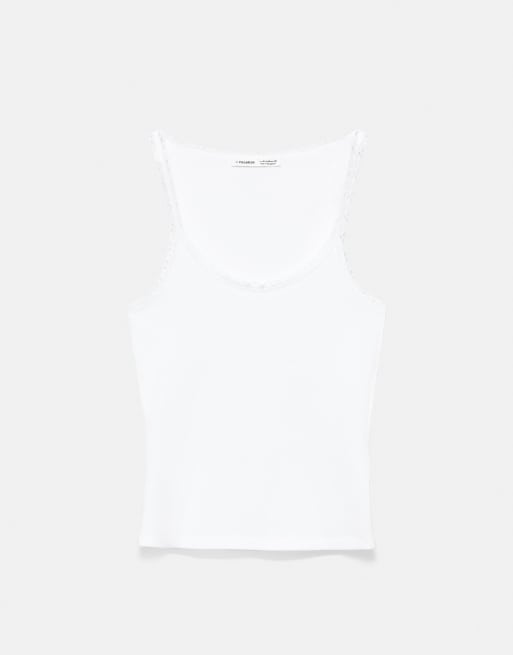 Pull&Bear tanktop med blondedetalje i hvid, 6 af 7