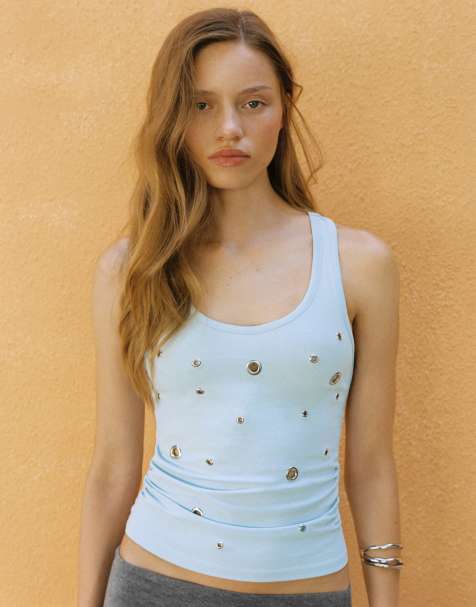 Pull&Bear tanktop med snørehuller i pastelblå - view 1