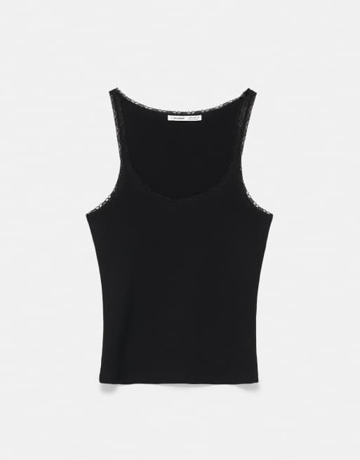 Pull&Bear tanktop met kanten rand in zwart, 6 van 7