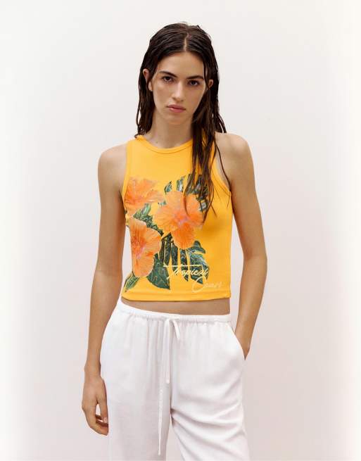 Pull&Bear Tanktop mit Blumen- und Paillettenmuster in Orange, 2 von 7