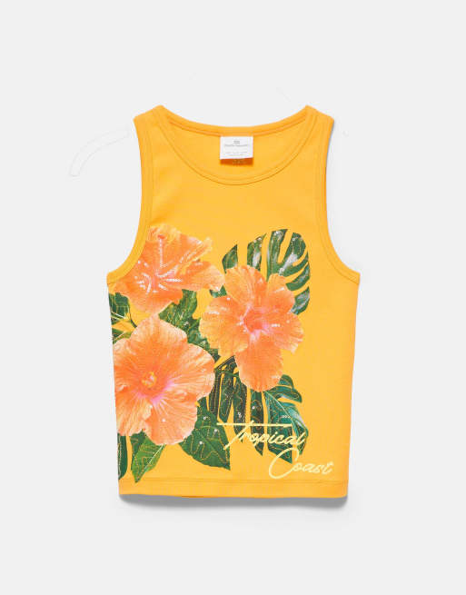 Pull&Bear Tanktop mit Blumen- und Paillettenmuster in Orange, 6 von 7