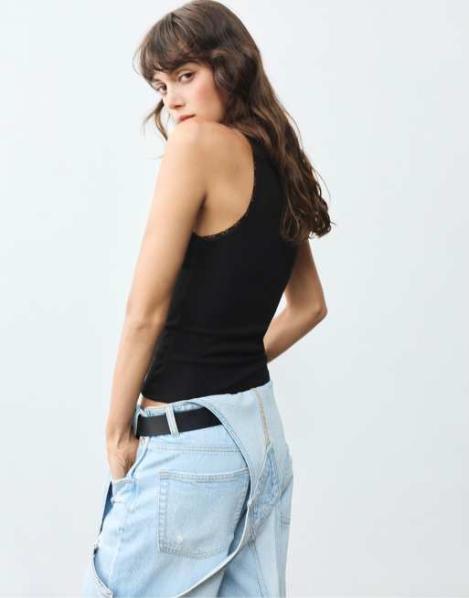 Pull&Bear Tanktop mit Spitzenbesatz in Schwarz, 3 von 7