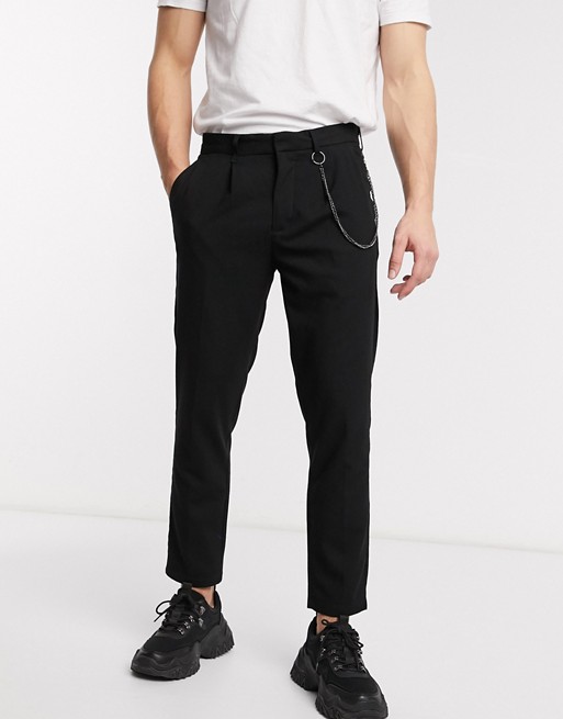 Pull&Bear tapered trouser with chain in black