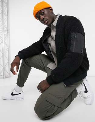 Pull&Bear teddy bomber jacket in black