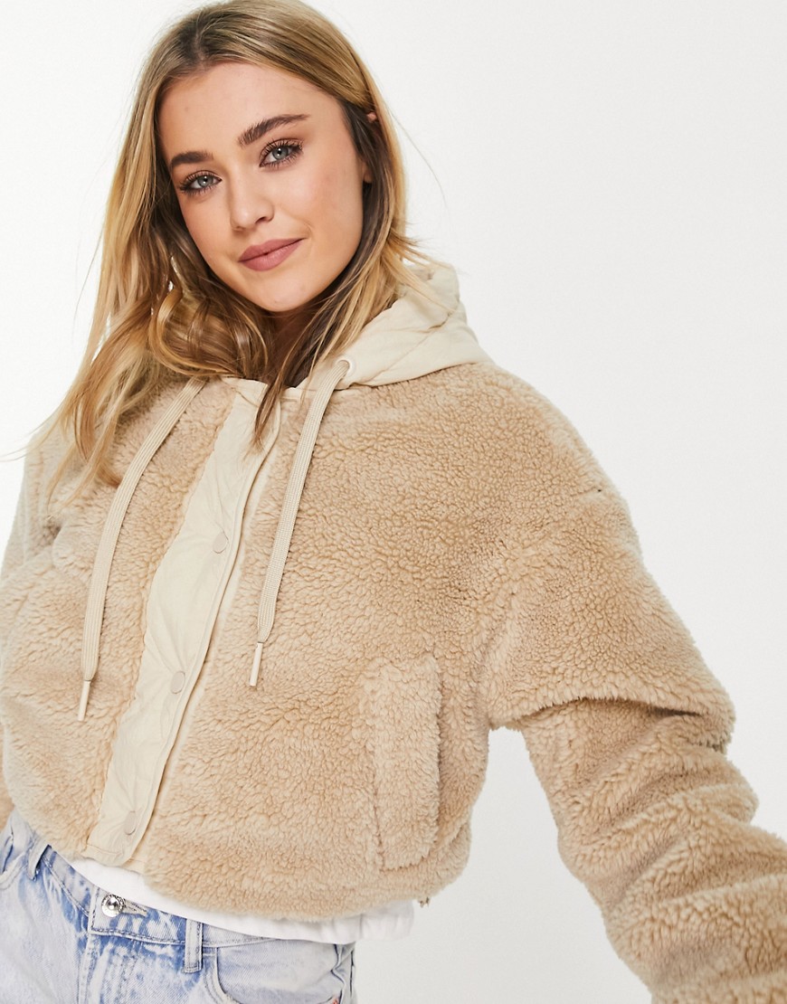 Pull & Bear teddy bomber jacket with quilted hood mix in ecru-White