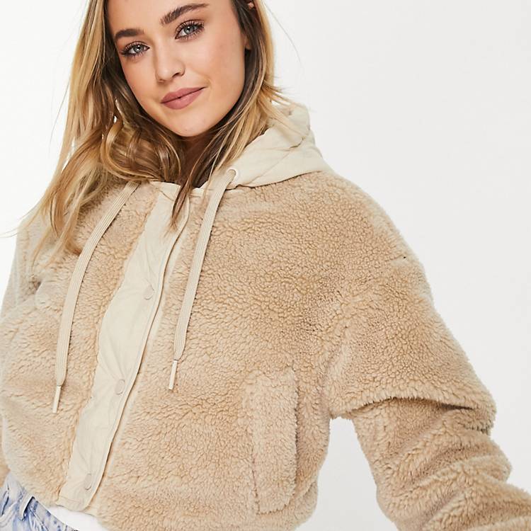 Pull&Bear teddy bomber jacket with quilted hood mix in ecru | ASOS