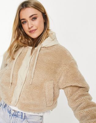Pull&Bear teddy bomber jacket with quilted hood mix in ecru