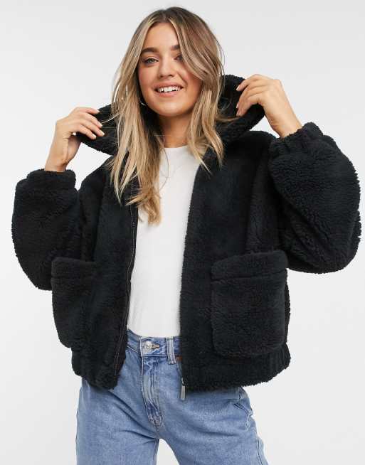 Pull Bear teddy zip front jacket in black