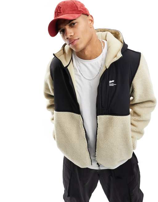 Pull&Bear – Teddyfell-Jacke in Beige mit farblich abgesetztem Einsatz