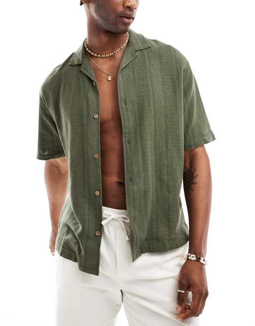 Pull&Bear – Teksturowana koszula z kołnierzykiem kubańskim w kolorze khaki 