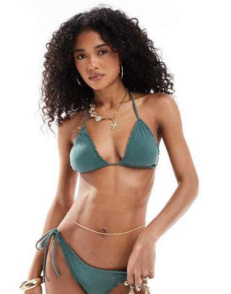Pull&Bear – Teksturowana zielona góra od bikini z trójkątnymi miseczkami - view 1