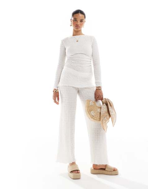 Pull&Bear – Teksturowane spodnie z szerokimi nogawkami w kolorze ecru, część zestawu - view 1
