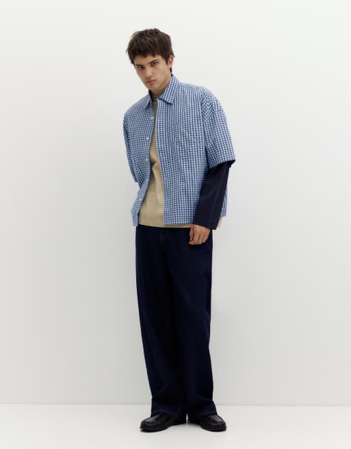 Pull&Bear ternet skjorte med dobbelte ærmer i blå, 4 af 7