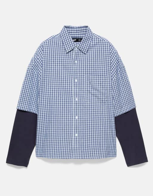 Pull&Bear ternet skjorte med dobbelte ærmer i blå, 6 af 7