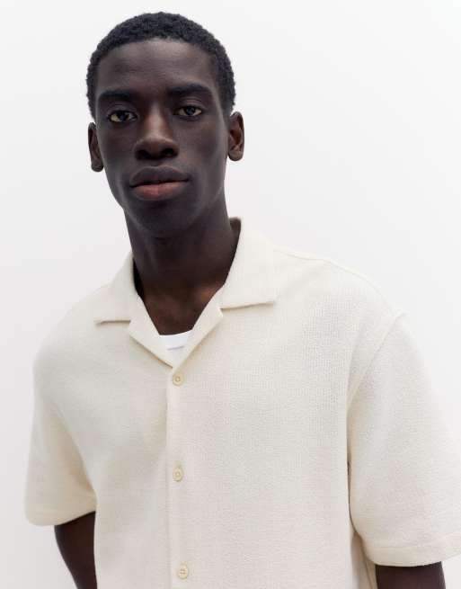 Pull&Bear Terrycloth short sleeve shirt in off white, 3 of 4