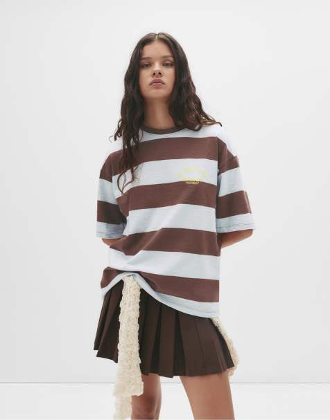 Pull&Bear Text striped t-shirt in brown - view 1