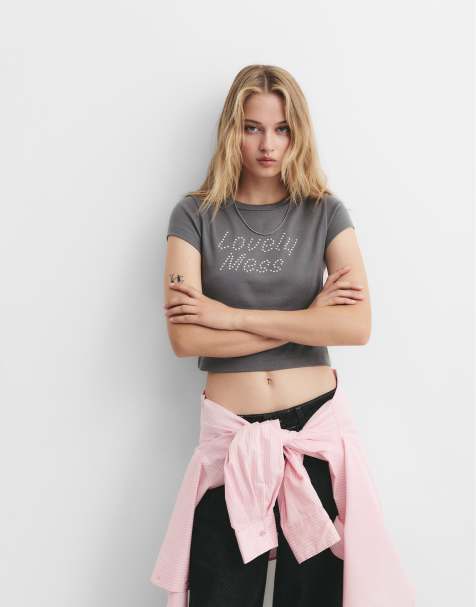Pull&Bear Text t-shirt with rhinestones in ash - view 1