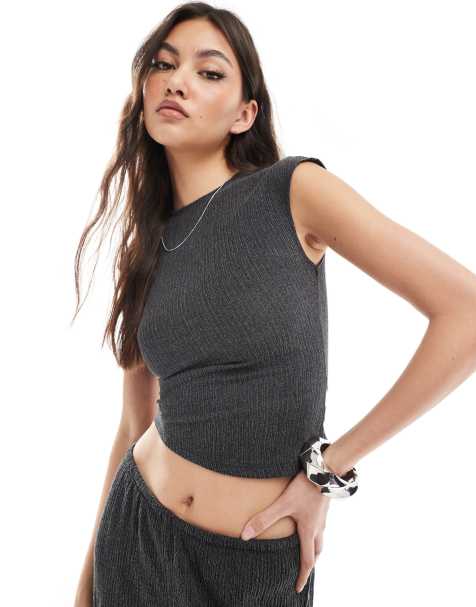 Pull&Bear textured asymmetric hem top co-ord in charcoal grey - view 1