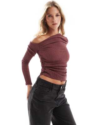 textured asymmetric neck top in burgundy