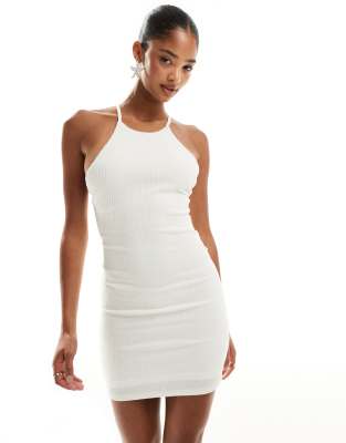 textured backless strappy cami mini dress in white