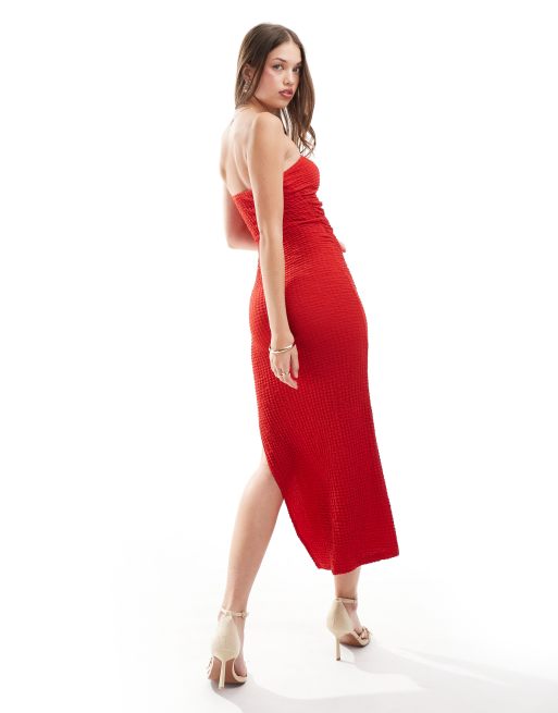 Pull Bear textured bandeau maxi dress with leg split in red