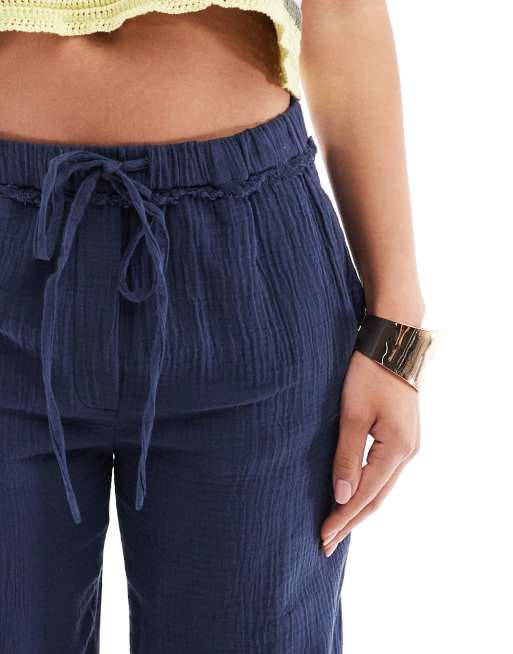 Pull&Bear textured crinkle wide leg pants in navy