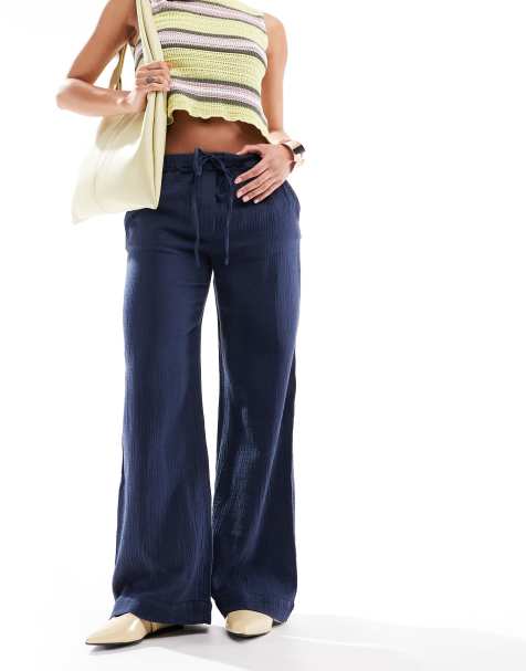 Pull&Bear textured crinkle wide leg trouser in navy - view 1