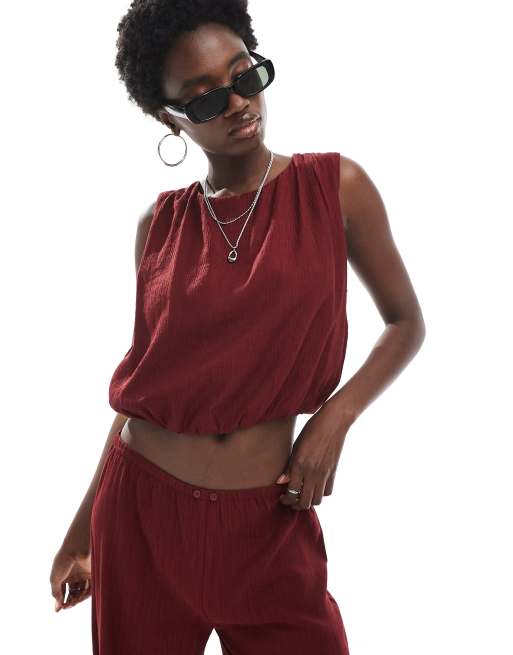 Pull&Bear textured cropped top co-ord in burgundy