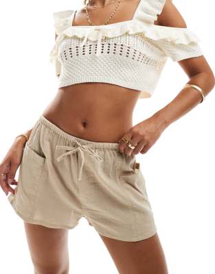 textured drawstring waist shorts in sand-Neutral