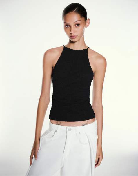 Pull&Bear Textured halter top in black - view 1