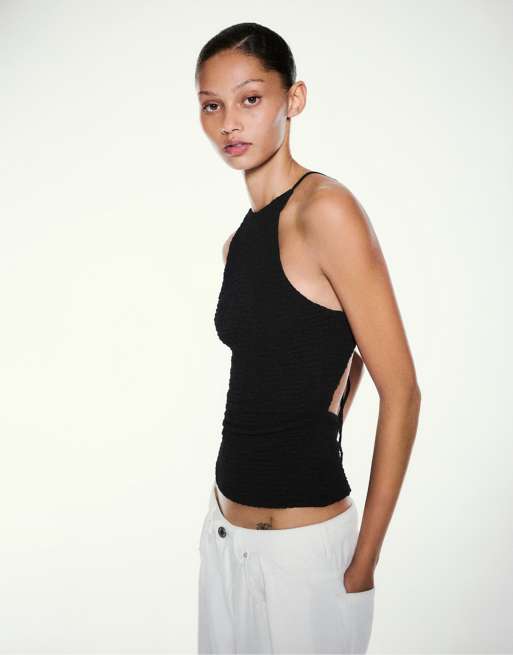 Pull&Bear Textured halter top in black, 3 of 7