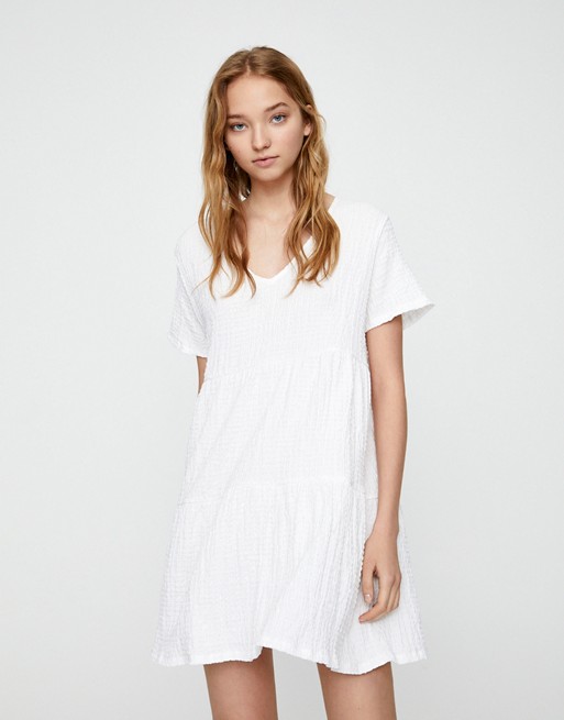 Pull&Bear textured jersey smock dress in white
