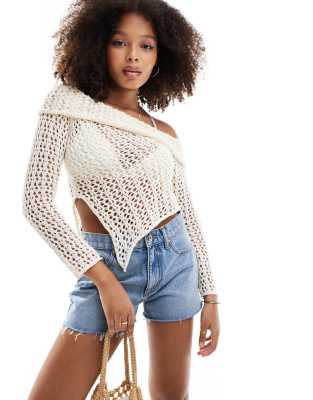 Pull & Bear Textured Knit Bardot Top With Scarf Hem In Ecru-white