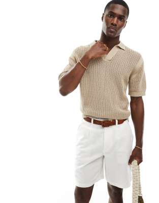 Pull&Bear Pull&Bear textured knitted revere polo in brown