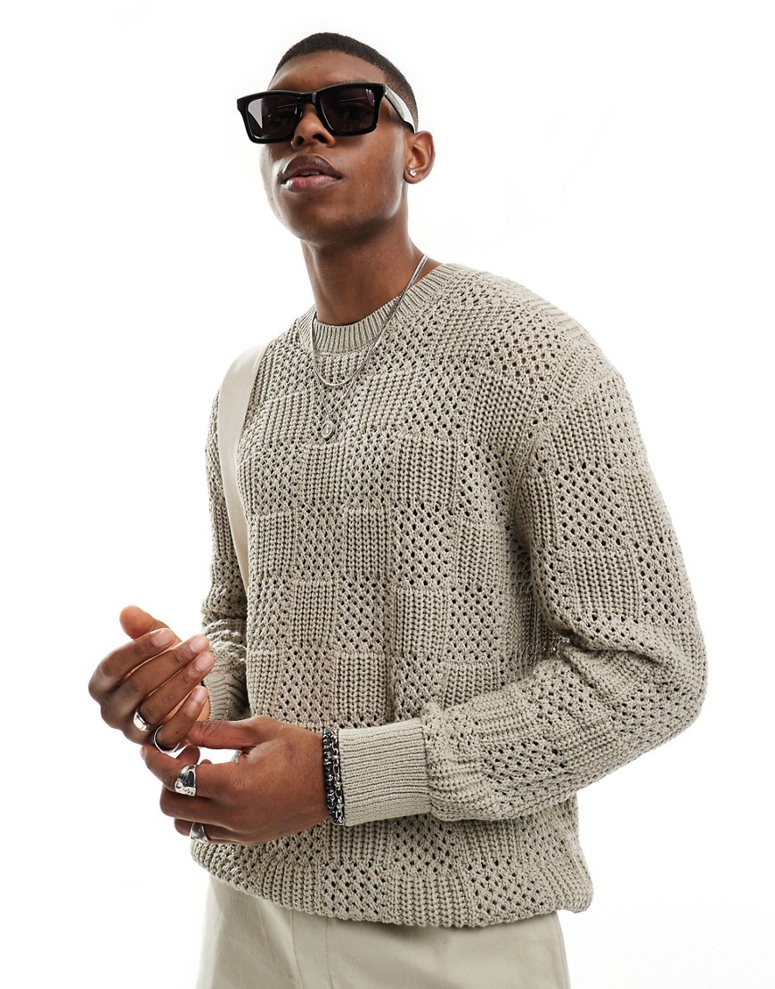 Pull & Bear Textured Knitted Sweater In Khaki-green