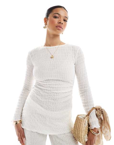 Pull&Bear textured long sleeve asymmetric top co-ord in ecru - view 1